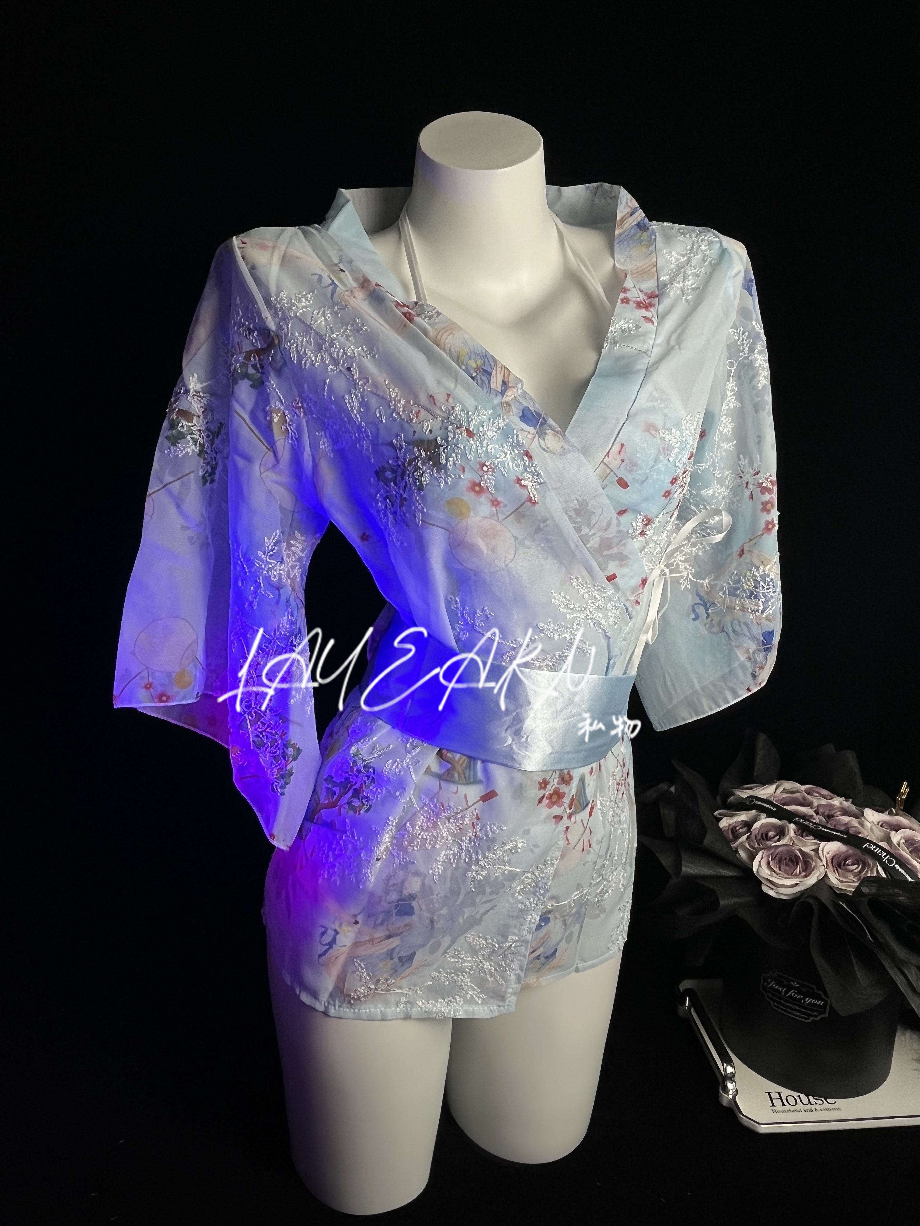 LAYEARN【东京少女】甜美蝴蝶结性感印花cos和服浴袍纯欲雪纺睡袍