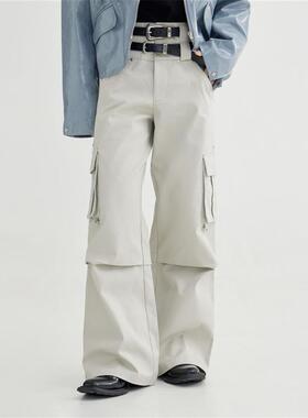 PEOPLESTYLE 时尚双腰头多口袋工装裤美式复古黑白色无性别休闲裤