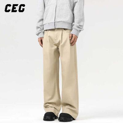 CEG 日系复古休闲裤折皱设计男女潮牌廓形拖地休闲裤水洗阔腿长裤