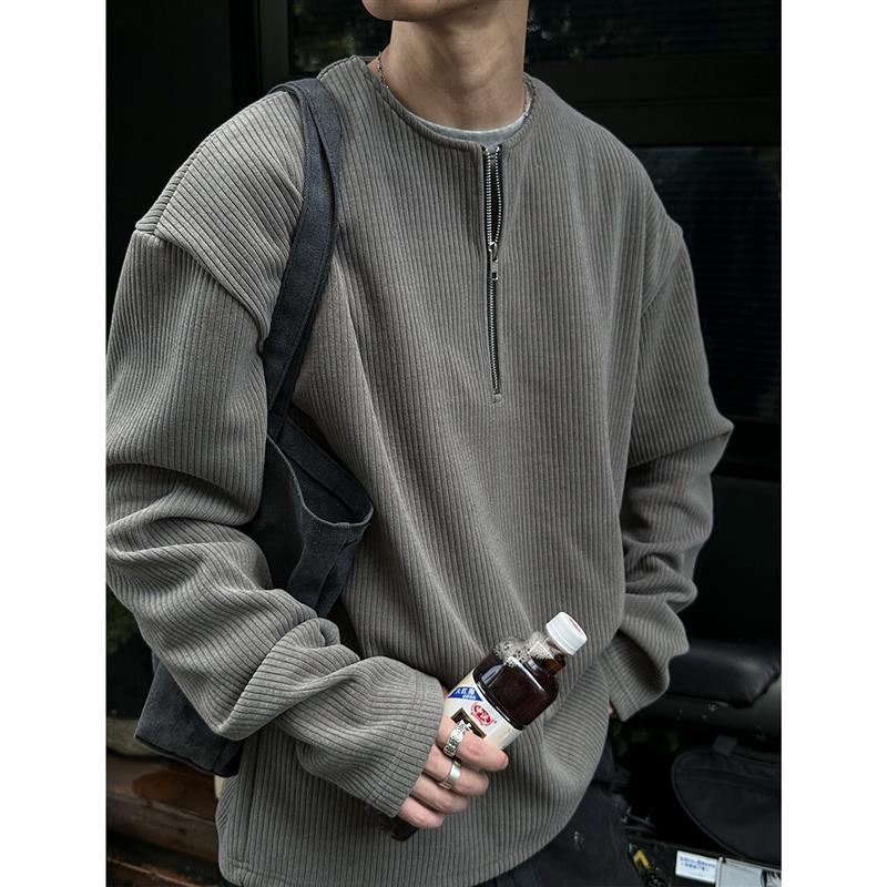 MANCHER 450G欧洲坑条质感面料半拉链卫衣男春秋慵懒风套头外套潮