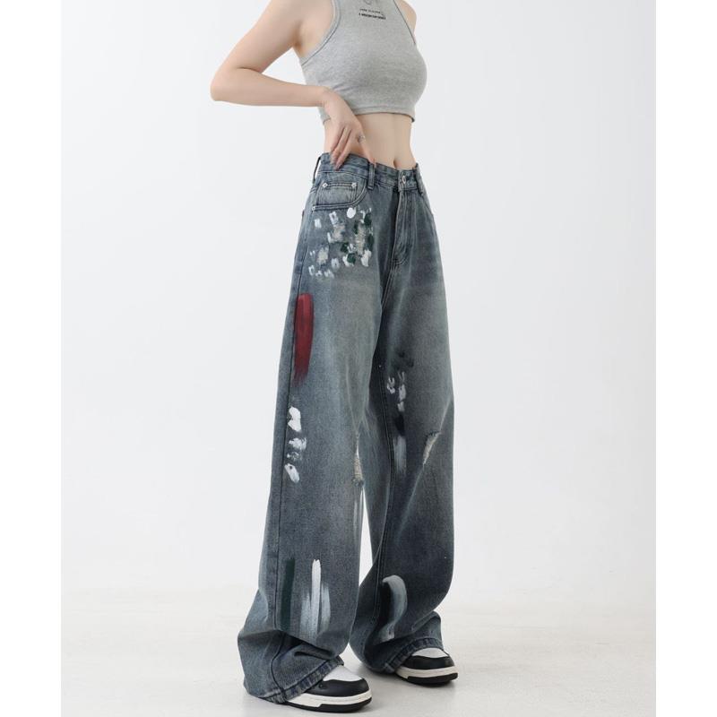 美式复古泼墨设计感直筒牛仔裤男女痞帅炸街休闲宽松高街长裤子潮