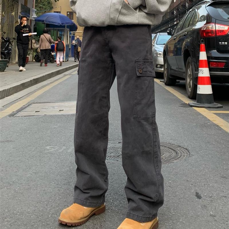 麻饭同学 复古vintage水洗做旧宽松直筒工装裤美式通勤牛仔长裤男