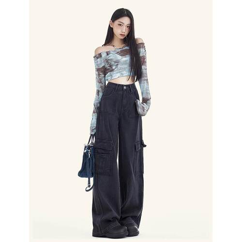 UNCOO 美式复古牛仔工装裤女高腰显瘦大口袋阔腿裤显高垂感拖地裤