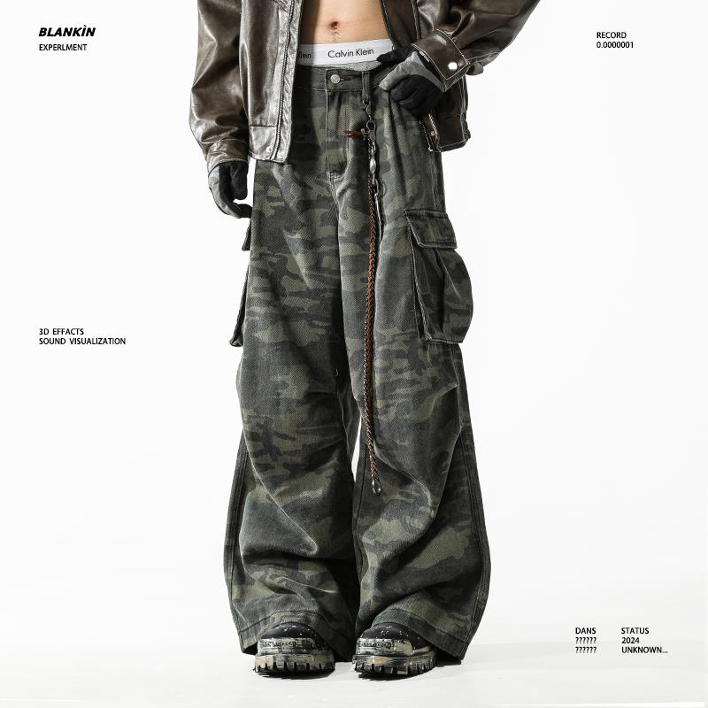 BLANKIN 美式复古多口袋阔腿迷彩裤子男潮牌宽松直筒街舞工装长裤