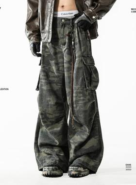 BLANKIN 美式复古多口袋阔腿迷彩裤子男潮牌宽松直筒街舞工装长裤