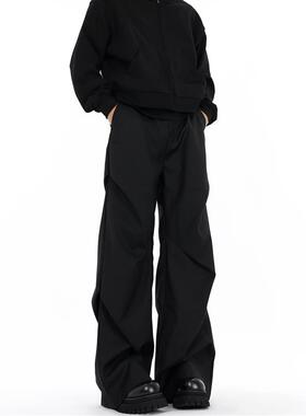 FILFR美式高街褶皱拖地微喇叭黑色西裤男高级感cleanfit休闲裤子