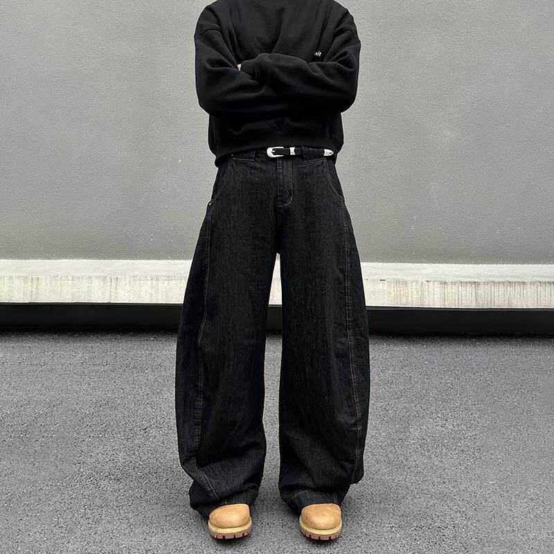 BLAEXIT美式镰刀香蕉牛仔裤男廓形黑色复古微喇直筒阔腿弯刀裤子