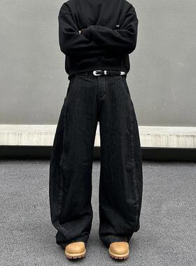 BLAEXIT美式镰刀香蕉牛仔裤男廓形黑色复古微喇直筒阔腿弯刀裤子