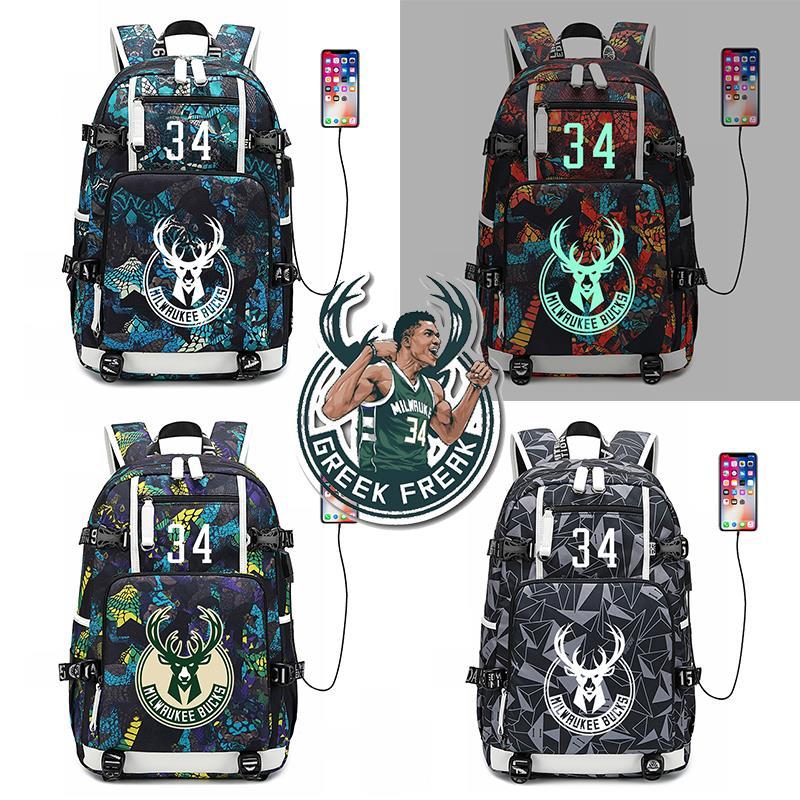 2024NBA雄鹿队34号字母哥书包篮球训练双肩包初高中学生夜光男背