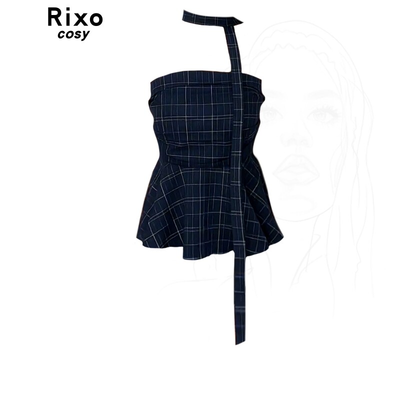 Rixo Cosy设计感气质格子无袖抹胸背心女美式辣妹外穿一字肩上衣
