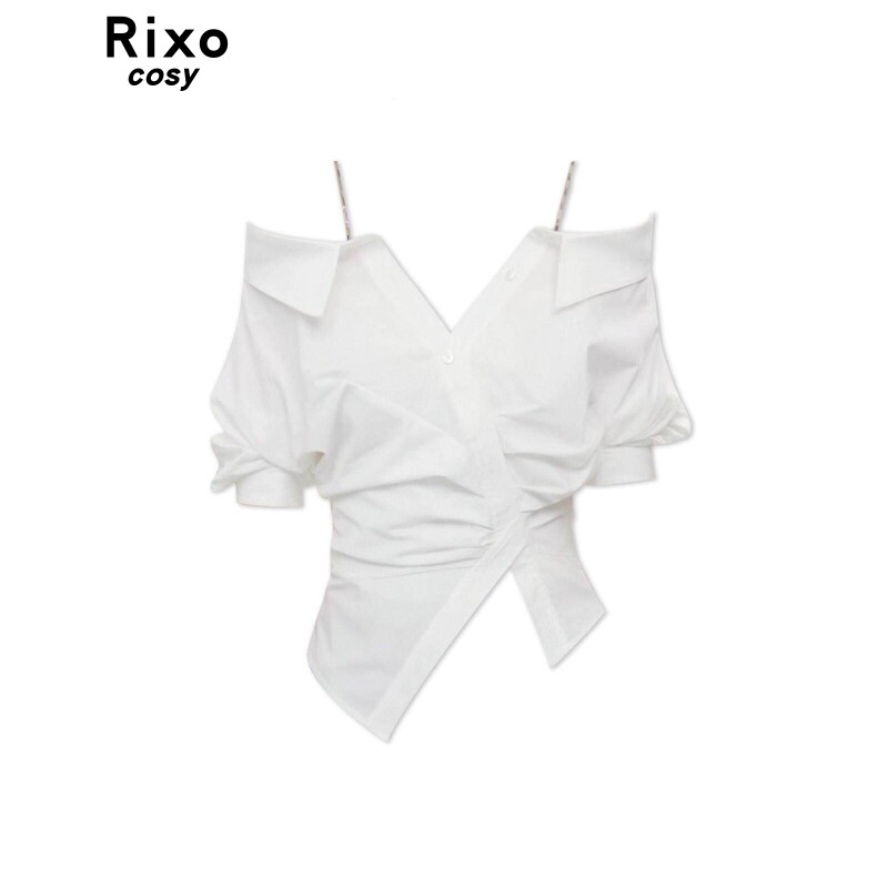 Rixo Cosy一字肩V领不规则解构衬衫女夏季配链条露肩气质中袖上衣