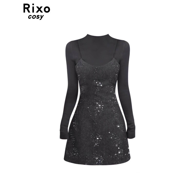 Rixo Cosy韩系洋气高级感亮片吊带连衣裙女内搭叠穿高领打底衫T恤