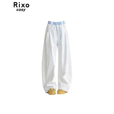 Rixo Cosy韩系格子拼接腰头休闲裤女宽松显瘦阔腿裤慵懒风弯刀裤