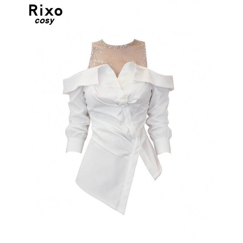 Rixo Cosy露肩网纱拼接亮钻收腰假两件衬衫女春夏季显瘦气质上衣