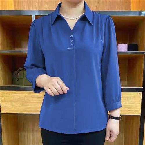 妈妈夏季九分袖T恤洋气小衫新款40岁50中老年女士衬衫领中袖上衣