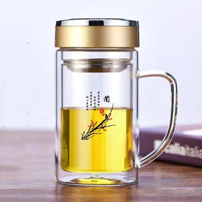 加厚双层玻璃杯带把手带盖耐高温男D女士家用办公杯大容量泡茶杯