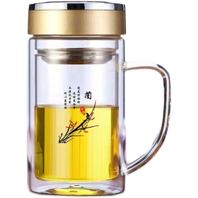 加厚双层玻璃杯带把手带盖耐高温男女士家用办公杯U大容量泡茶杯