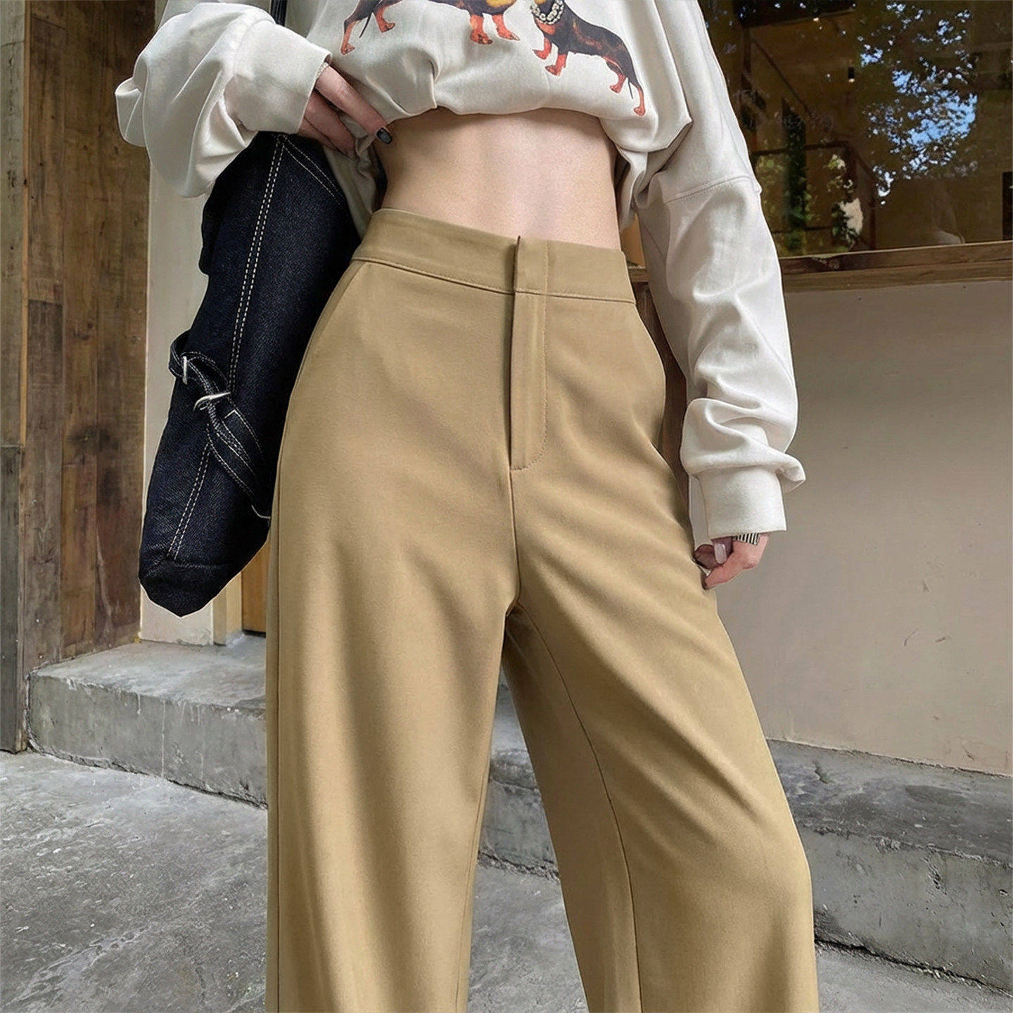 卡其色阔腿裤女2026新款春季高级感垂感窄版休闲小个子直筒西装裤