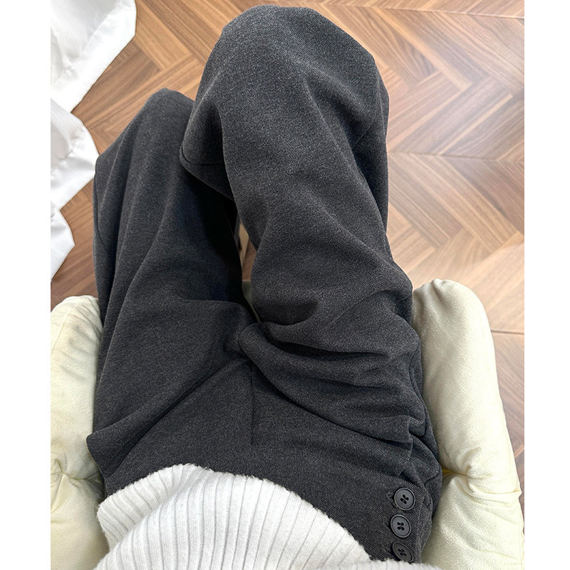 深灰色毛呢阔腿裤女设计感侧腰纽扣高级垂感梨形身材显瘦西装裤子