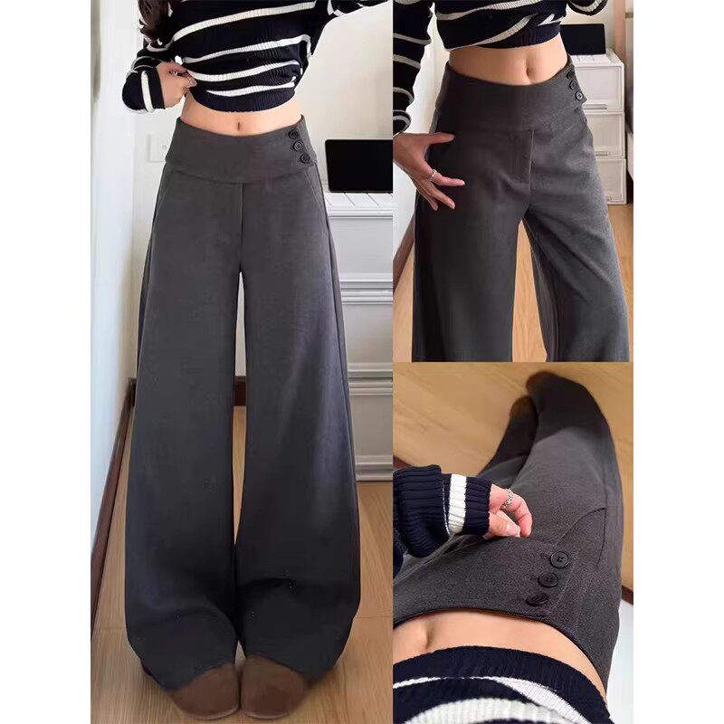 灰色西装裤女春秋2026新款纽扣直筒阔腿裤高腰小个子超好看的裤子