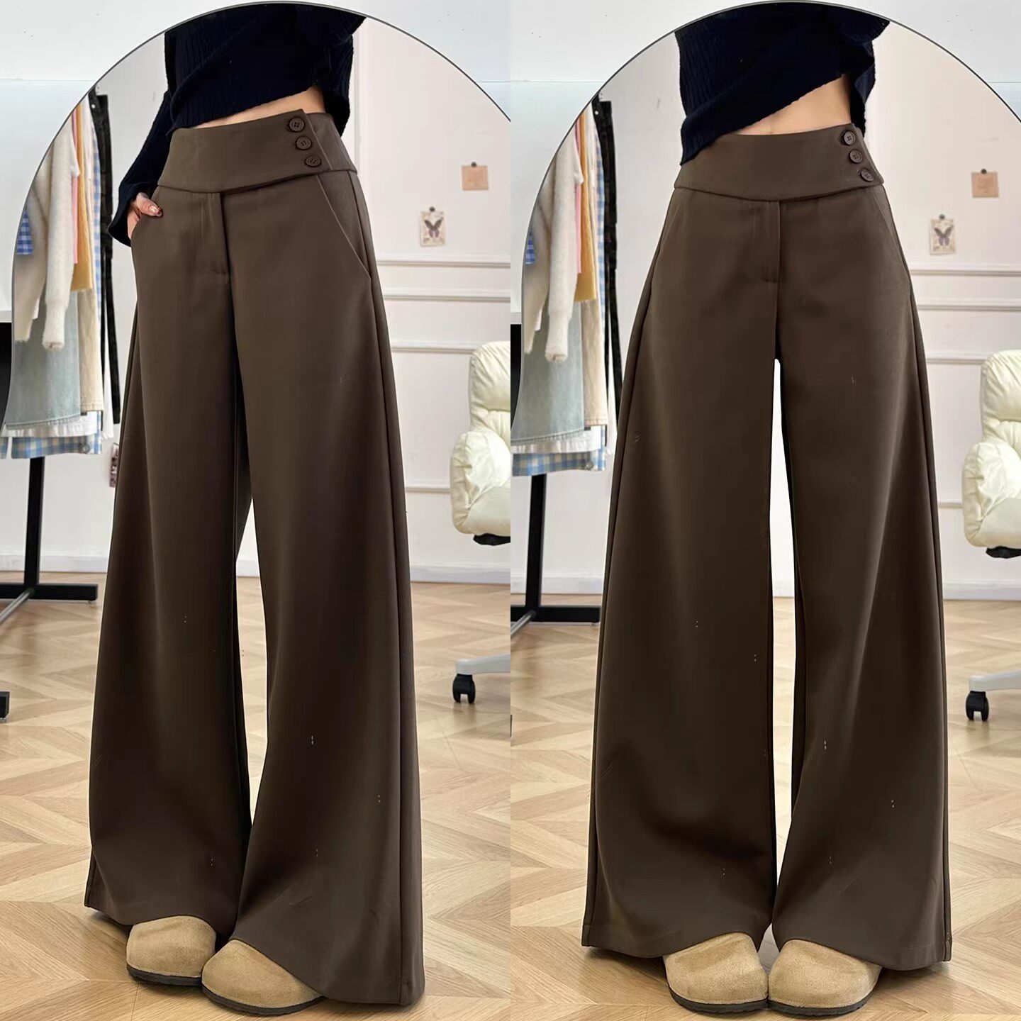 咖色毛呢纽扣阔腿西装裤女春秋冬低腰显瘦慵懒风垂感休闲直筒裤子