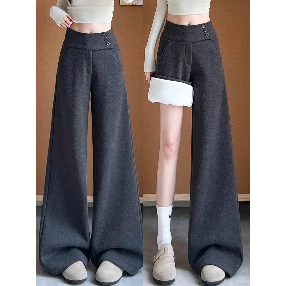 深灰色侧腰纽扣毛呢西装裤女春季新款低腰宽松修身显瘦直筒阔腿裤