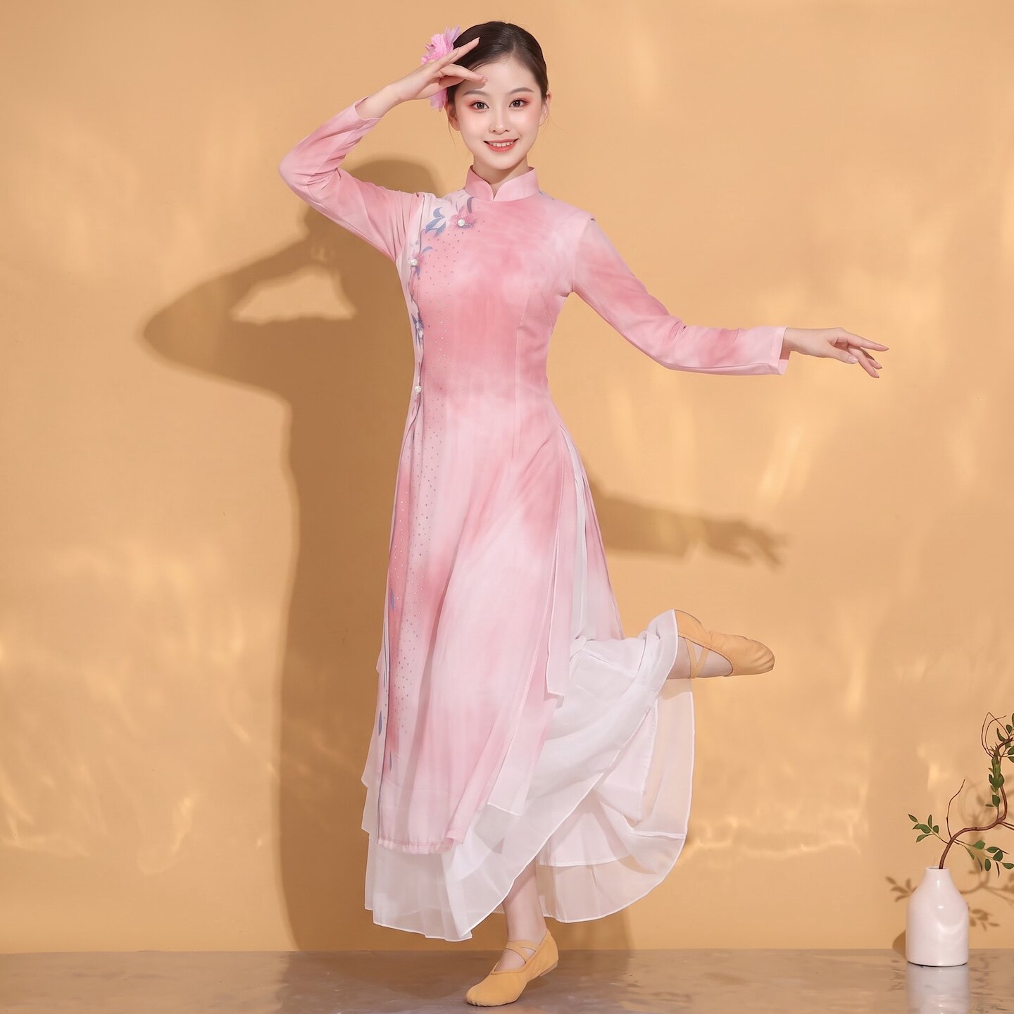 儿童古典舞演出服女渐变身韵纱衣旗袍立领粉色练功服中国舞蹈服装图片