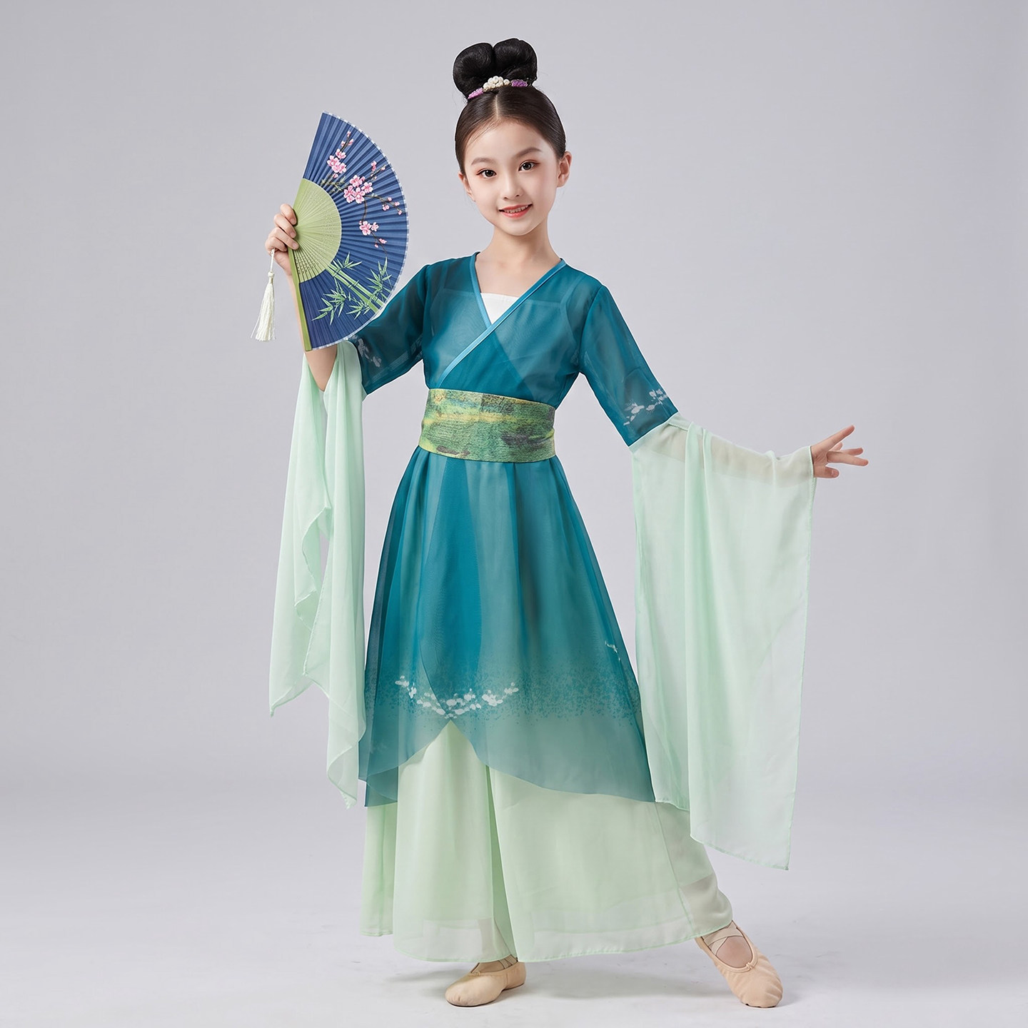 儿童古典舞演出服汉服女童练功服飘逸中国风扇子舞上春山表演服装