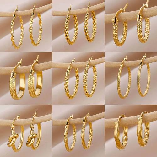 Vintage Round Stainless Steel Hoop Earrings For Women Gold