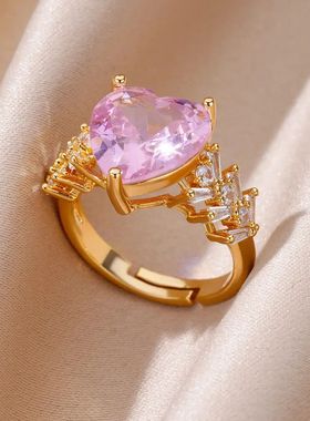 Pink Heart Rings For Women Gold Plated Stainless Steel