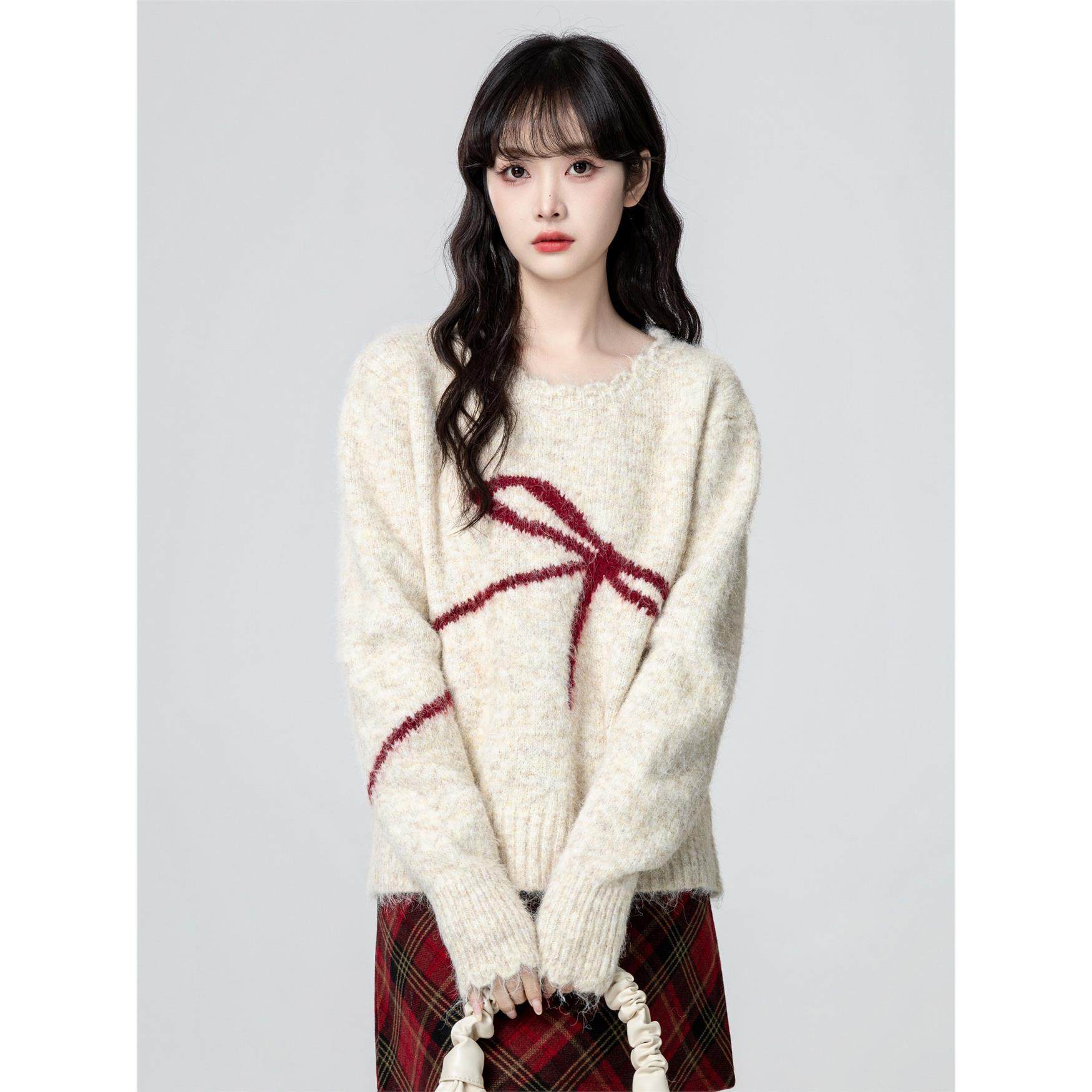 杏色圆领套头毛衣女春秋2025秋季新款宽松软糯针织衫短款长袖上衣