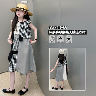 女港式复古格子过膝长裙时髦背带裙夏季2026新款中大童女孩连衣裙