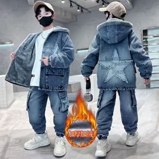 包邮男童冬装连帽加绒牛仔套装韩版中大童加厚两件套街头风宽松衣