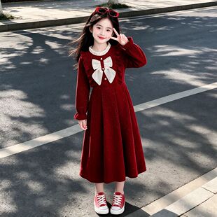 中大童女孩甜美公主风红色裙子女童秋冬季新款时尚洋气淑女连衣裙