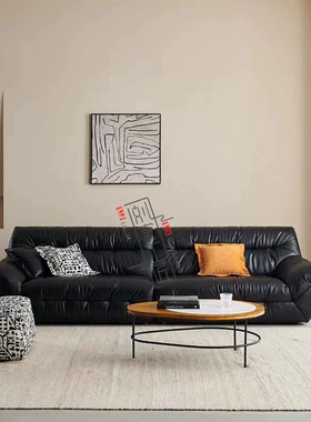 复古风黑色皮艺沙发现代简约大黑牛轻奢三四人网红ins风客厅沙发