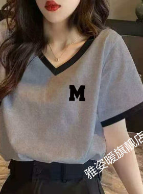 美式复古纯棉正肩短袖t恤女夏休闲减龄小个子宽松显瘦V领卡通上衣