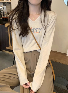 灰色V领正肩长袖T恤女春季宽松打底衫内搭高级感纯欲百搭纯棉上衣