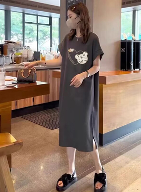 灰色纯棉短袖连衣裙女夏季大码宽松中长款过膝t恤裙休闲开叉长裙