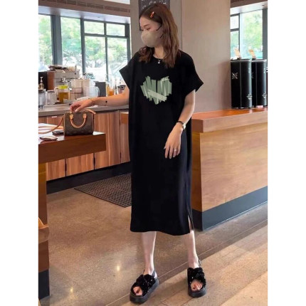 纯棉短袖t恤开叉连衣裙女夏季中长款过膝休闲长裙子大码学生衣服