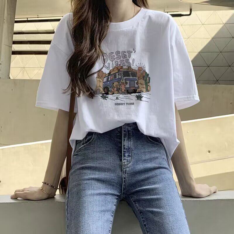 白色宽松大码短袖t恤女夏季新款纯棉打底衫时尚字母印花休闲上衣