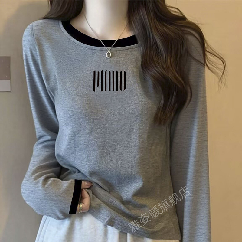 春秋冬新款长袖t恤女显瘦纯棉打底衫大码胖m宽松上衣撞色内搭外穿