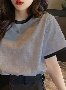 欧货短袖t恤女2025春夏季新款印花灰色宽松撞色减龄正肩纯棉上衣