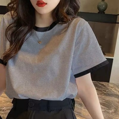 欧货短袖t恤女2025春夏季新款印花灰色宽松撞色减龄正肩纯棉上衣