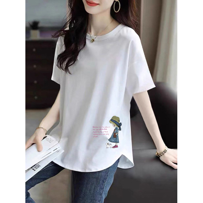纯棉中长款遮屁股打底衫女夏季新款宽松上衣不规则设计短袖T恤潮