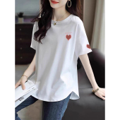 宽松弧形下摆半袖 2026春夏新款 上衣 T恤女中长款 白色纯棉爱心短袖