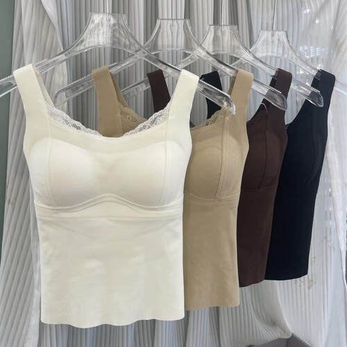 米娅林1735秋冬蕾丝花边保暖背心女一体杯带胸垫聚拢修身内搭美背