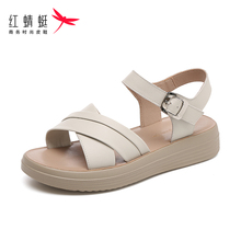 红蜻蜓女鞋2025年新款妈妈凉鞋夏季真皮软底舒适防滑不累脚厚底