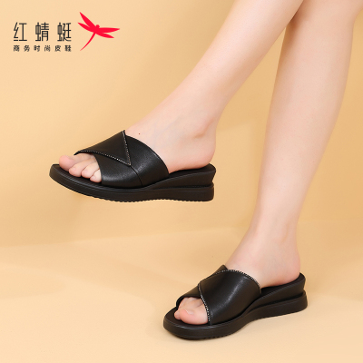 红蜻蜓皮鞋厚底软底妈妈鞋女夏季松糕休闲坡跟舒适外穿软皮女鞋