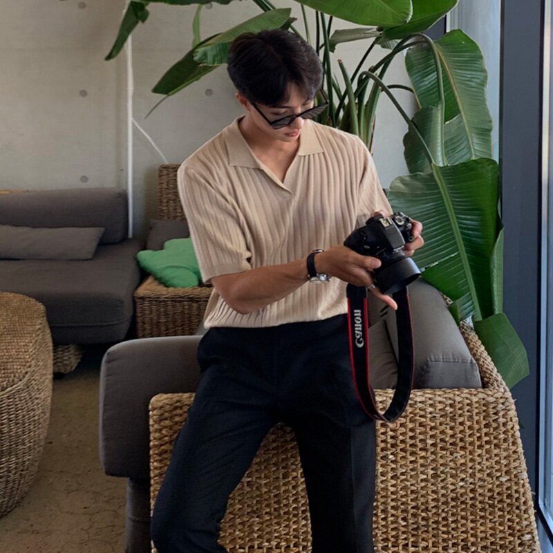 SUMMER KNIT SWEATER SLIM T-SHIRT MENS SOUTH KOREA DONGDAEMUN MENS DESIGN TOPS ALL-MATCH TRENDY BOTTOMING SHIRTS FOR MEN