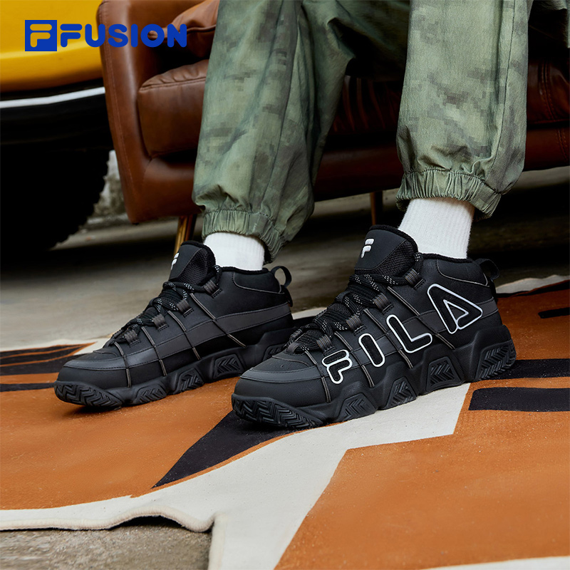 FILA FUSION斐乐潮牌男鞋复古篮球鞋2024冬季新款中帮加绒面包鞋